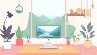 An illustration depicting a serene digital workspace with virtual meditation sessions, calming nature sounds, and wellness tips integrated into the remote work environment, promoting a healthy work-life balance.