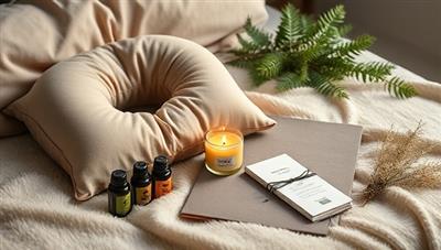 A serene and tranquil travel wellness setup featuring a cozy travel pillow, a scented candle, essential oils, herbal teas, and a mindfulness journal, arranged on a plush blanket against a backdrop of soft lighting and natural elements, creating a peaceful and rejuvenating atmosphere for mindful journeys.