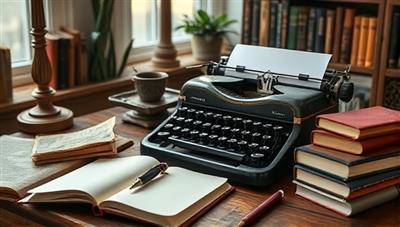 An artistic and inspiring writing desk setup with a vintage typewriter, a journal with a quill pen, a stack of books, and a cozy reading nook in the background, evoking a sense of creativity and literary inspiration.