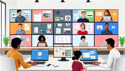 A visualization of a diverse group of remote workers participating in a virtual productivity workshop, with interactive tools and resources displayed on their screens, highlighting the collaborative and educational aspect of the service.