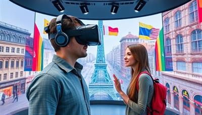 An immersive VR environment featuring a user wearing a headset and engaging in a language conversation with a virtual character in a digital representation of a foreign city, surrounded by language learning tools and interactive elements, creating an engaging language learning experience.