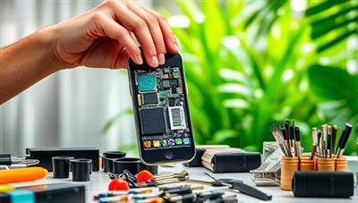An image of a technician holding a disassembled smartphone, surrounded by various electronic components and tools, with a backdrop of a lush green environment, symbolizing the blend of technology and eco-friendliness in recycling practices.