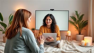 A compassionate mental wellness coach conducting a virtual therapy session with a client, surrounded by calming elements like candles, plants, and calming colors, creating a serene and supportive environment for mental health coaching.