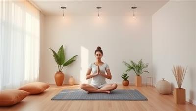 A tranquil virtual meditation studio with soft lighting, cozy cushions, and serene natural elements, featuring a meditator in a peaceful posture surrounded by calming visuals, promoting a serene and mindful meditation experience for participants.