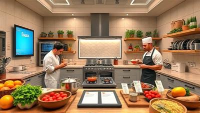 An artistic visual depiction of a virtual kitchen studio with professional chefs conducting live cooking demonstrations, surrounded by fresh ingredients, cooking utensils, and digital recipe cards, creating an immersive and interactive culinary experience for cooking enthusiasts.