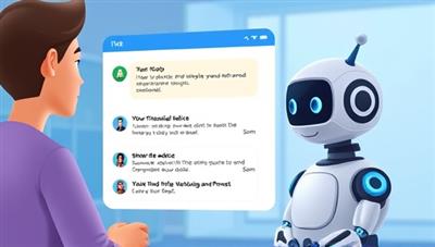 An animated chatbot interface interacting with a user, displaying financial advice and investment suggestions in a conversational and user-friendly manner, illustrating the ease and accessibility of the platform.
