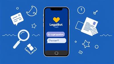 An illustration of a smartphone screen displaying a chat interface with LegalBot Assist logo, showcasing a user asking a legal question and receiving a helpful response from the chatbot, surrounded by legal icons like a magnifying glass and legal documents, representing instant legal assistance.