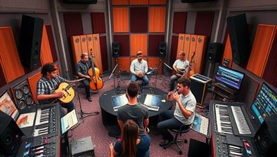 An artistic depiction of a virtual music studio with diverse musicians collaborating on a song, surrounded by musical instruments, soundboards, and digital interfaces, evoking creativity and teamwork in music production.