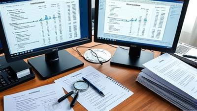 An auditor's workspace with dual monitors displaying financial statements, surrounded by audit program binders, a magnifying glass, and a pen, creating a focused and meticulous audit environment.