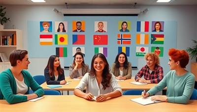 A vibrant virtual classroom setting with diverse avatars representing different nationalities engaging in language exchange conversations, symbolizing global connectivity and cultural exchange.