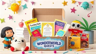 A colorful and inviting subscription box filled with educational activities, art supplies, science experiments, and a storybook, surrounded by playful characters and thematic decorations, evoking a sense of wonder and excitement for young learners participating in the WonderWorld Quests experience.