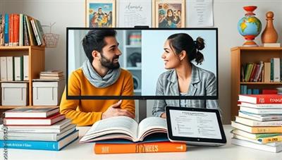 A virtual language exchange session depicted with two individuals from different cultural backgrounds engaging in a conversation via video call, surrounded by language textbooks and digital devices showing language learning resources, illustrating cross-cultural communication and learning.
