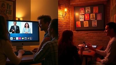 A split-screen image showing a group of friends on one side excitedly interacting with a live game master on their computer screen, while on the other side, a digital escape room with mysterious clues and challenges awaits their exploration, creating a sense of anticipation and teamwork.