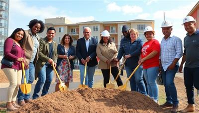 A heartwarming image of a diverse group of community members, investors, and developers breaking ground on a new affordable housing project funded by the CommunityBuild Fund, symbolizing collaboration and positive social impact through real estate investments.