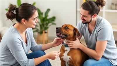 A pet behavior consultation session in progress, with a professional behavior consultant interacting with a pet and its owner, demonstrating positive reinforcement training techniques and building trust and understanding between the pet and the human, emphasizing the transformative impact of behavior solutions from Pawsitive Behavior Solutions.