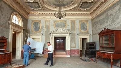 An old, dilapidated mansion undergoing restoration, with craftsmen carefully repairing intricate moldings, a preservation architect examining historical blueprints, and antique furniture being restored in a workshop, capturing the essence of heritage restoration craftsmanship and dedication.