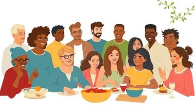 A supportive online community illustration showing diverse individuals sharing allergy-friendly recipes, dining experiences, and tips for managing food allergies, fostering a sense of inclusivity and understanding on the AllergySafeEats platform.