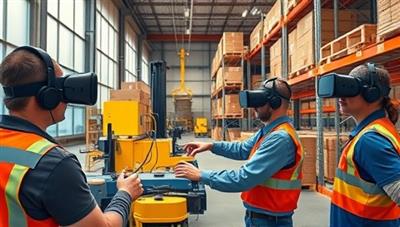 An immersive VR warehouse training simulation environment with employees wearing VR headsets, interacting with virtual equipment and practicing safety protocols in a simulated warehouse setting, with realistic graphics and interactive elements for effective training and skill development in a virtual space.