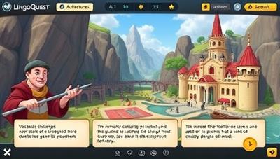 An interactive language-learning quest within LingoQuest Adventures, where players engage in vocabulary challenges, grammar puzzles, and conversational scenarios in a virtual world filled with language landmarks and cultural references, showcasing the immersive and educational nature of the platform.