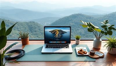 An inspiring digital artwork showcasing a serene remote work setup with a laptop surrounded by nature, yoga mat, healthy snacks, and a mindfulness corner, evoking a sense of balance, relaxation, and well-being in a remote work environment.