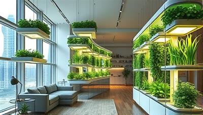 An artistic rendering of a modern, urban apartment featuring sleek, vertical indoor farming pods filled with vibrant greens and herbs, blending seamlessly into the living space and highlighting the futuristic concept of indoor agriculture.