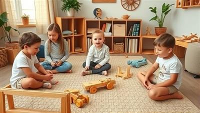 A cozy playroom setting with children happily engaged in imaginative play with wooden toys from a subscription box, showcasing the joy and creativity inspired by the eco-friendly and educational toys.
