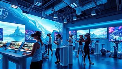 A futuristic and dynamic visual depiction of a virtual reality fitness center environment with users wearing VR headsets, engaging in various fitness activities and games, surrounded by digital displays, interactive workout stations, and vibrant virtual landscapes, conveying a sense of energy and excitement.