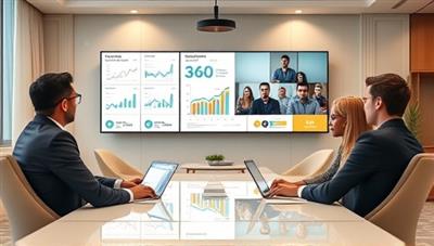 An elegant virtual office setup with a digital dashboard displaying financial metrics and graphs, accompanied by a virtual CFO advising a group of diverse business owners via video conference, symbolizing remote financial guidance and collaboration.
