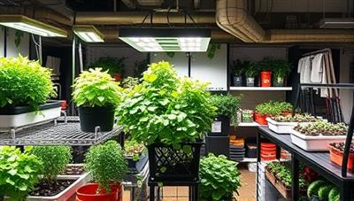 An urban oasis display showcasing a variety of indoor gardening setups with lush herbs, vegetables, and flowers thriving under grow lights, surrounded by shelves stocked with hydroponic systems and gardening tools, inviting customers to explore the possibilities of urban farming.