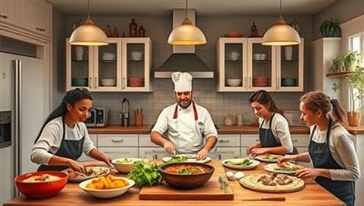 An enticing visual representation of a virtual cooking class environment featuring a diverse group of participants cooking together in their home kitchens, following a chef's instructions via live stream, and showcasing their culinary creations virtually, highlighting the interactive and communal aspects of the cooking network.