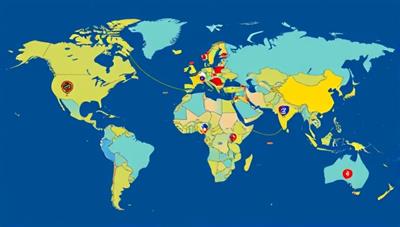 A global map dotted with language flags, connecting different regions with colorful lines, symbolizing the diverse linguistic community and cultural exchange facilitated by the online platform.