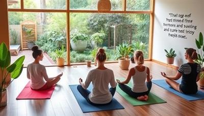 A tranquil retreat setting with teens practicing yoga on mats, meditating in a serene garden, engaging in mindfulness activities, and enjoying healthy snacks, surrounded by lush nature, calming decor, and inspirational quotes promoting self-care and mental wellness, creating a peaceful and rejuvenating retreat atmosphere.