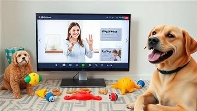 A virtual pet training session in progress with a professional trainer demonstrating techniques on a screen, surrounded by pet toys, treats, and a happy dog, illustrating effective remote training and behavior consultation for pet owners.