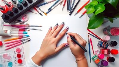 An artistic overhead shot displaying a virtual nail art masterclass setup with a professional nail artist demonstrating a trendy nail design on a practice hand, surrounded by colorful nail polishes, brushes, and nail art accessories, conveying creativity and skill in nail artistry.