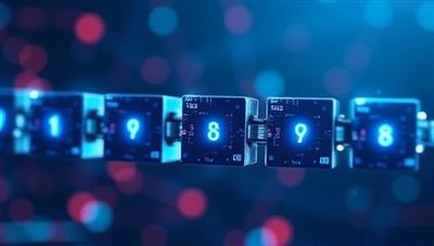 A futuristic depiction of digital blocks forming a secure chain, symbolizing the blockchain technology used by ClaimChain to verify insurance claims instantly and securely, creating a seamless and transparent process.