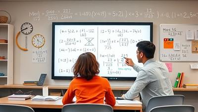 An engaging virtual classroom environment with a student and tutor interacting on a digital whiteboard, solving math problems together, surrounded by math equations and educational tools, showcasing the interactive and personalized tutoring experience provided by MathWiz Connect's virtual math tutoring marketplace.