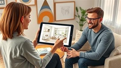 An artistic rendering of a virtual interior design consultation session, with a designer presenting a digital mockup of a room layout on a tablet screen to a satisfied client, surrounded by stylish decor samples and color swatches, illustrating the convenience and creativity of the service.