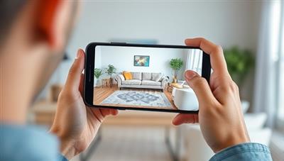 An individual using the AR-enhanced app on a smartphone, placing virtual furniture and design elements in a physical room, creating a seamless blend of virtual and real-world aesthetics, demonstrating the app's immersive design visualization capabilities.