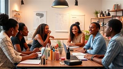 An inspiring and collaborative digital workspace environment showcasing a diverse group of beauty entrepreneurs discussing ideas, sketching product designs, brainstorming marketing strategies, and receiving mentorship from industry experts, fostering creativity and innovation in beauty entrepreneurship.