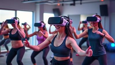 An energetic virtual reality fitness session with users wearing VR headsets, engaging in dynamic workouts, and receiving real-time feedback on their performance, creating an immersive and motivating fitness experience in a digital environment.