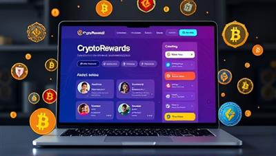 An interactive and colorful representation of the CryptoRewards platform interface on a laptop screen, with users engaging in various online tasks and earning digital currencies, surrounded by virtual badges and rewards, creating an engaging and rewarding online environment.