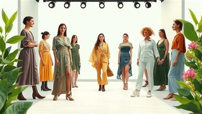An artistic visualization of a virtual sustainable fashion runway showcasing eco-friendly clothing and accessories, surrounded by nature-inspired elements like leaves and flowers, conveying a harmonious blend of fashion and sustainability.