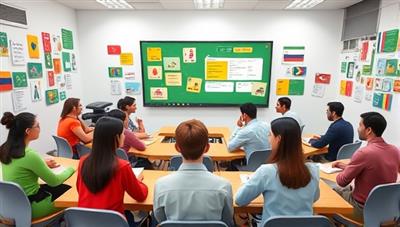 An interactive virtual language classroom scene with avatars representing different cultures and languages engaging in language exercises and conversation practice, fostering a dynamic and multicultural learning environment for LinguaLink Hub subscribers.