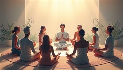 A serene digital illustration of a virtual meditation circle with diverse participants meditating together in a peaceful environment, surrounded by soft light and natural elements, evoking a sense of tranquility and inner peace.
