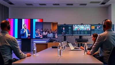 A split-screen image showing a virtual event setup with a professional host on one side engaging with a virtual audience, and a technical team managing the live stream and interactive features on the other side, illustrating seamless virtual event production.