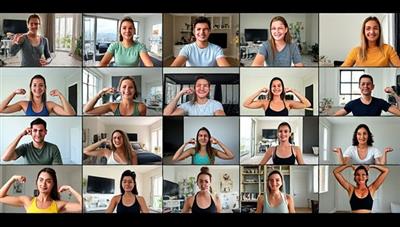 A dynamic collage of diverse individuals participating in virtual fitness challenges from home, displaying enthusiasm, determination, and a sense of community through video call screens and workout gear.