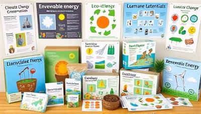 An assortment of eco-friendly STEM education kits containing recyclable materials, renewable energy experiments, and sustainability-themed projects, surrounded by educational posters on climate change and environmental conservation, promoting hands-on learning and eco-consciousness in STEM education.
