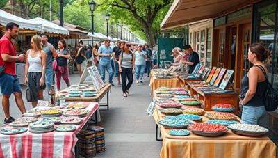 A vibrant outdoor market setting with colorful artisanal products displayed on tables, customers interacting with enthusiastic vendors, and a lively atmosphere showcasing the uniqueness of the marketplace.