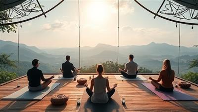 An inspiring visual depiction of a virtual wellness retreat setting, featuring serene nature scenes, yoga mats, meditation cushions, and participants engaging in mindfulness practices and healing rituals, evoking a sense of tranquility and inner peace.