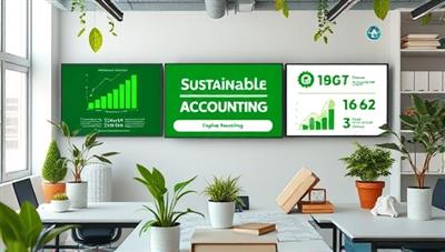 An eco-friendly office setting with digital screens displaying sustainable accounting frameworks, green energy icons, and environmental impact metrics, surrounded by plant decorations and recyclable materials, representing a harmonious blend of accounting and sustainability in business operations.